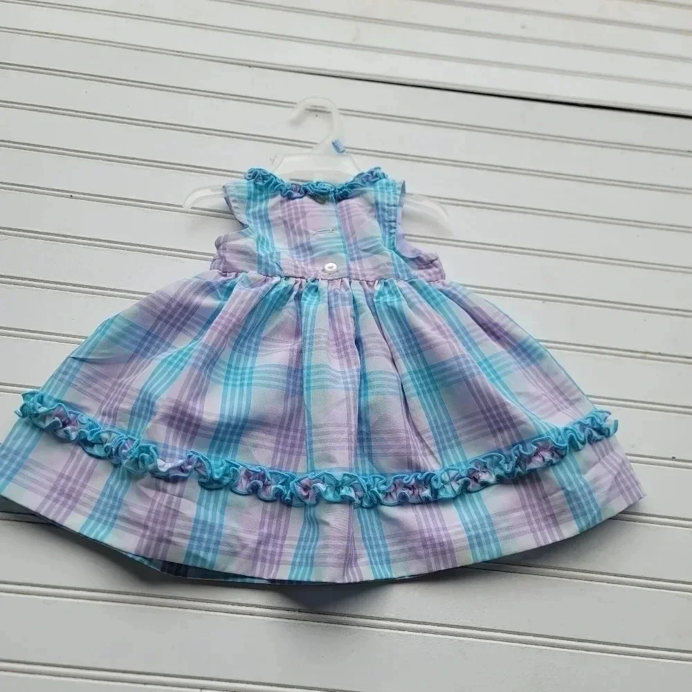 2PC BONNIE BABY WHITE TEAL LILA EMPIRE WAIST DRESS BUTTONS TIES BACK 6-9 Mos